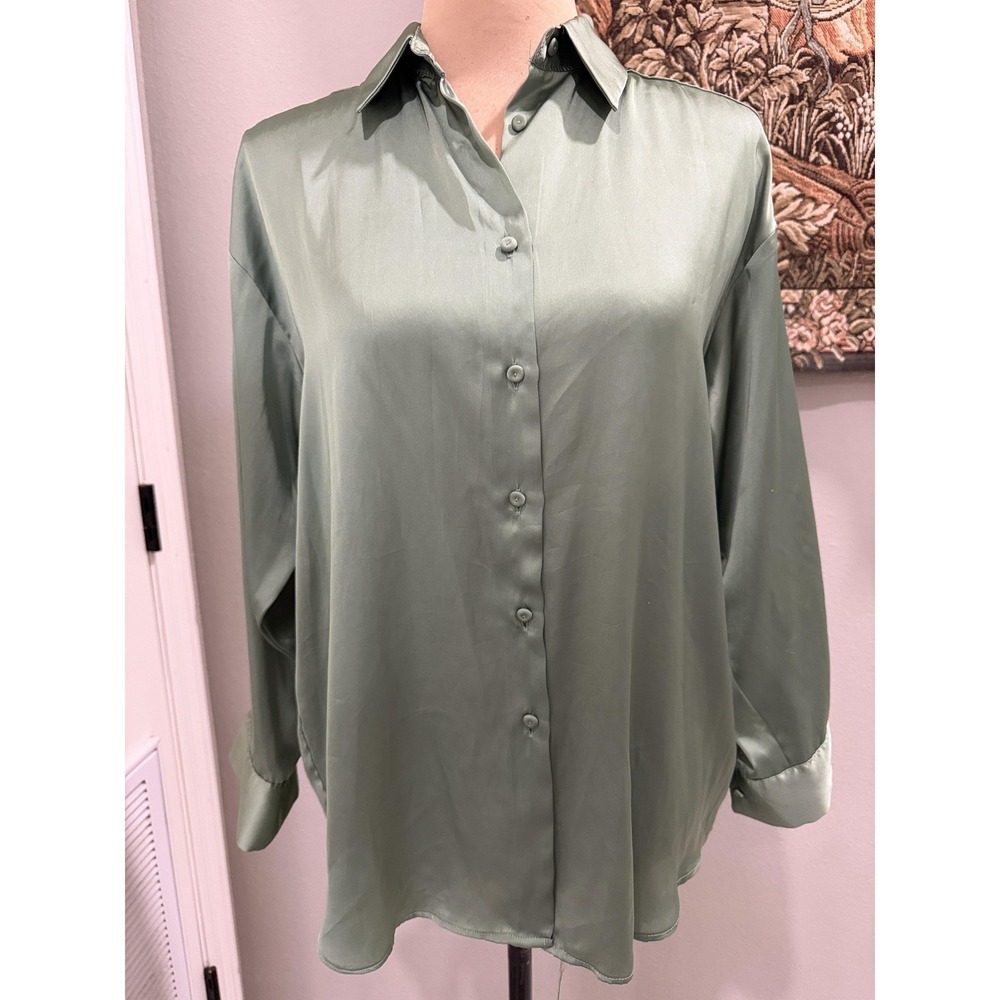Zara Shirt Womens XS Green Satin Button Front Collared Relaxed Long Sleeve